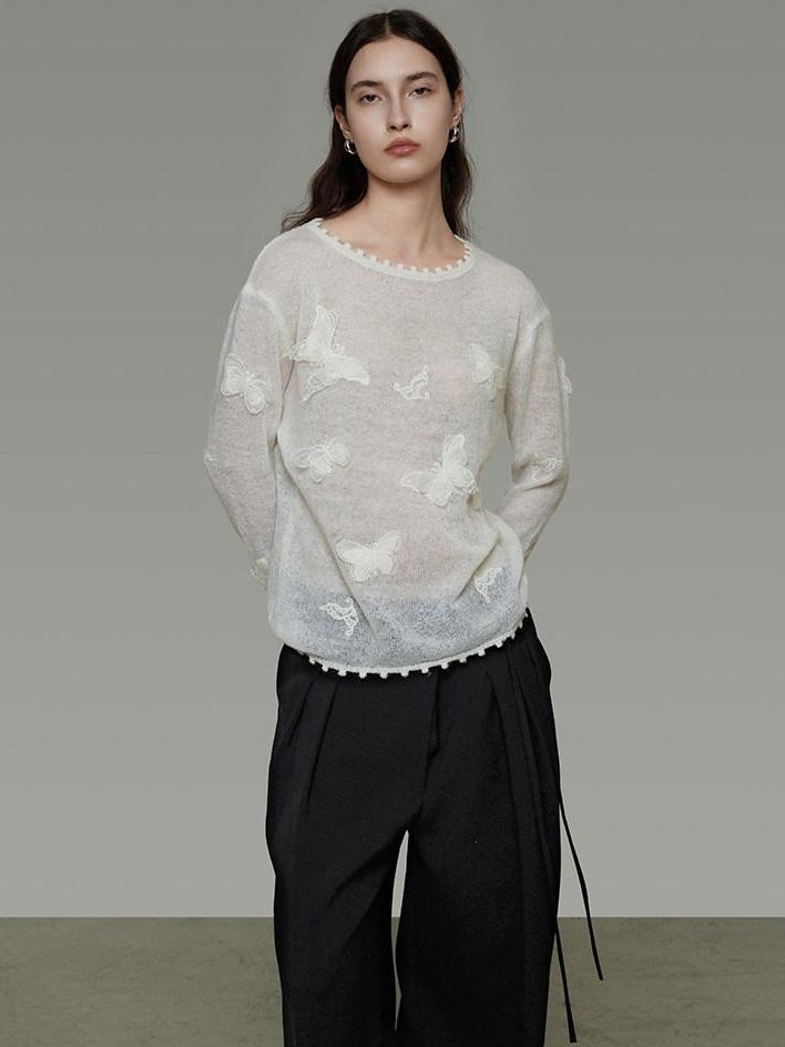 unspoken Breathable Knit Minimalist Relaxed Fit Butterfly Round Neck White Blouses