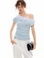 ikyou Wrinkle Free Ruffle Slim Asymmetric Neck Women Solid Blue Short Sleeve T-Shirts