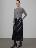 unspoken High Waist Pu Leather A Line Lined Black Commuter Skirt For Women Midi Skirts