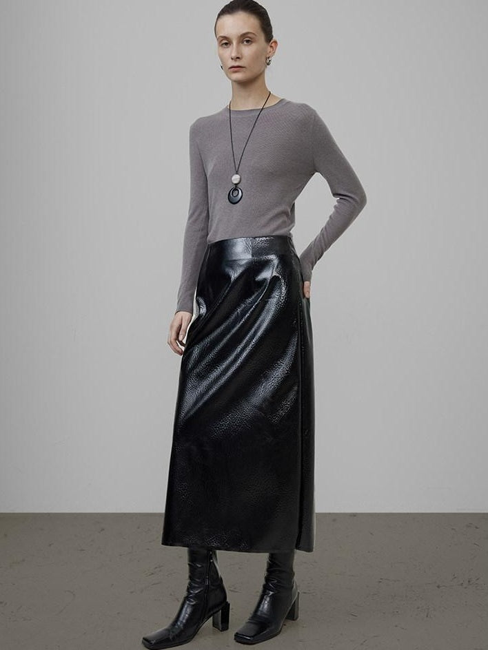 unspoken High Waist Pu Leather A Line Lined Black Commuter Skirt For Women Midi Skirts