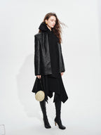 audreyyang Soft Lambskin Vintage Loose Fit Collarless Black Woven Women Leather Jackets