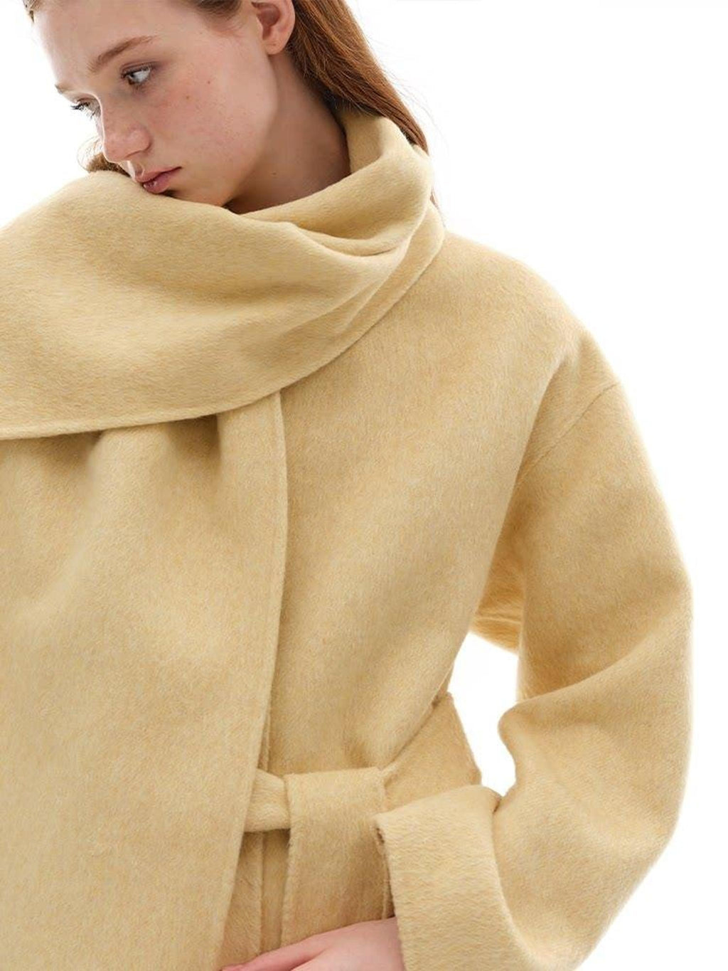 someone sometimes Minimalist Belted Roundneck Single Breasted 50 Percent Wool Yellow Wool Coats