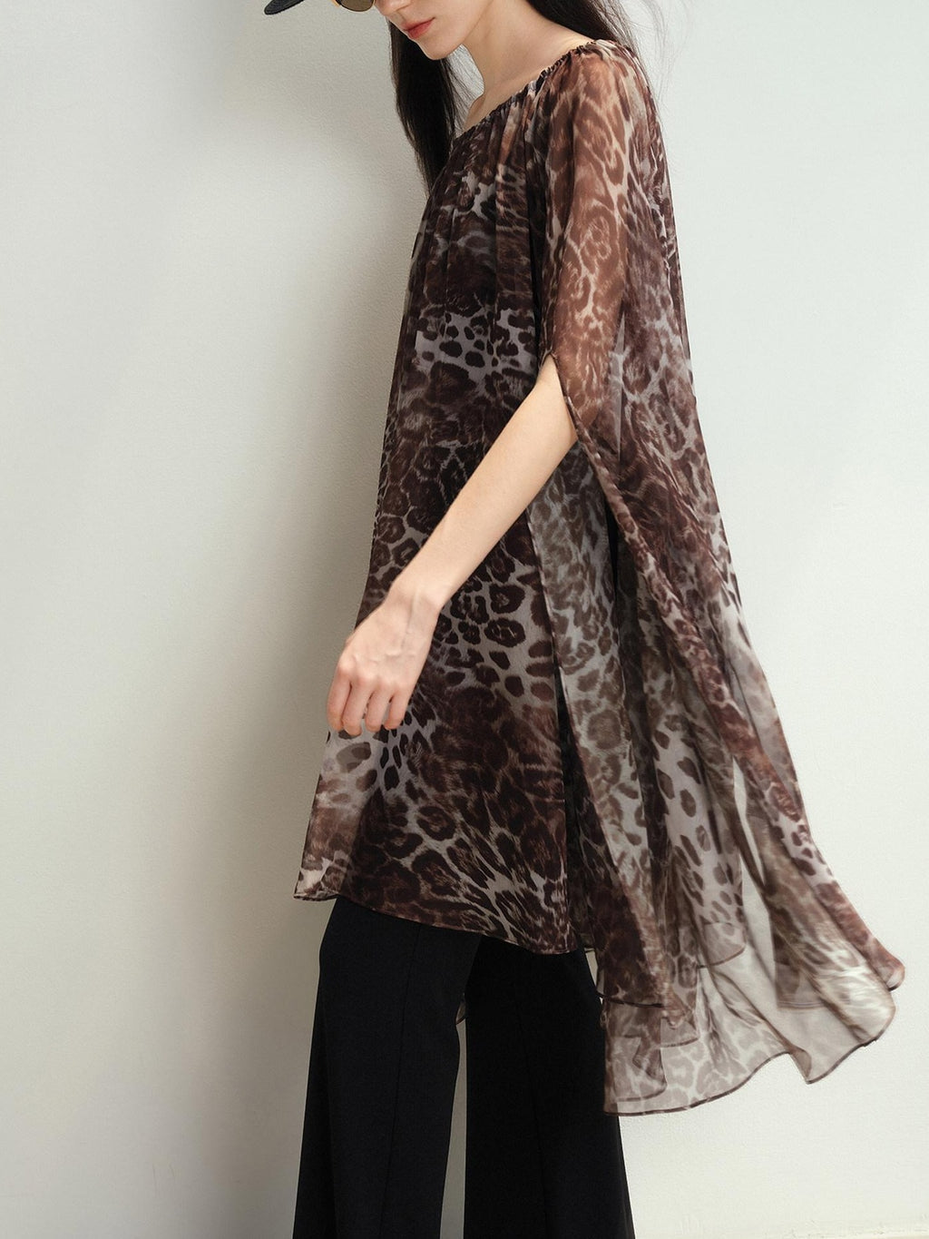audreyyang Soft Leopard Mesh Off Shoulder A Line Loose Waist Casual Women Midi Dresses