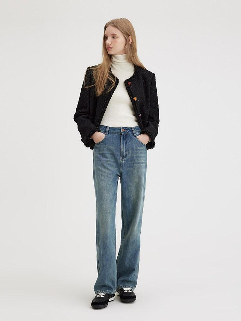 fano High Waist Washed Clean Straight Rigid Denim Blue Straight Leg Jeans