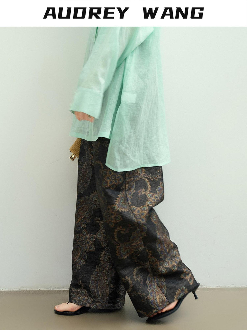 audreyyang Vintage Jacquard Botanical Floral Natural Waist Loose Fit Ladies Wide Leg Pants