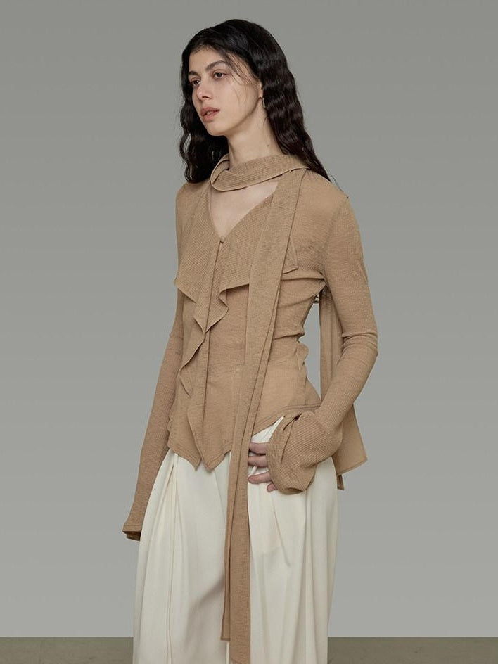 unspoken Slim Ruffle V-neck Bell Sleeve Knit Pullover Women Ginger Yellow Blouses