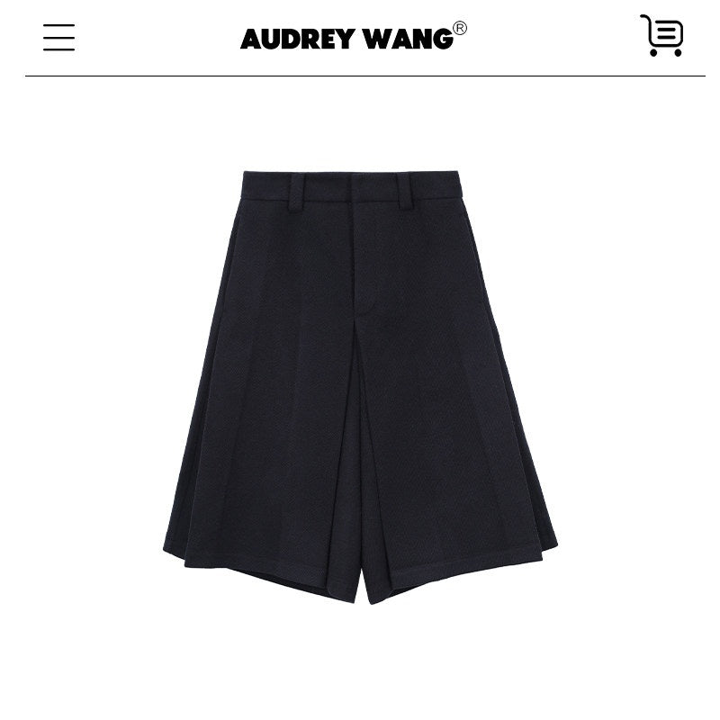 audreyyang_Pure_Wool_Casual_Loose_Natural_Waist_Zipper_Women_Black_Mid-Length_Shorts_MISSTT