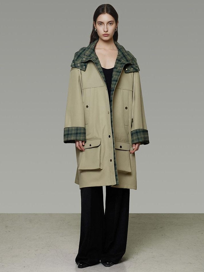 unspoken Breathable Pure Cotton Minimalist Loose Midlength Women Plaid Khaki Trench Coats