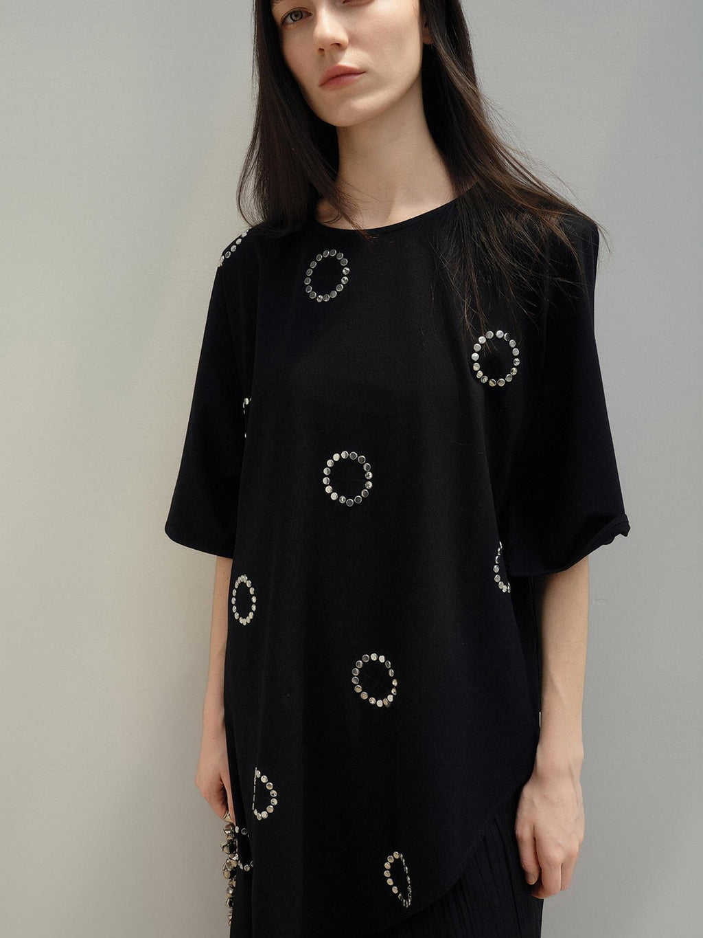 Rhinestone Asymmetric Loose Commuter Cotton Black Women Short Sleeve T-Shirts