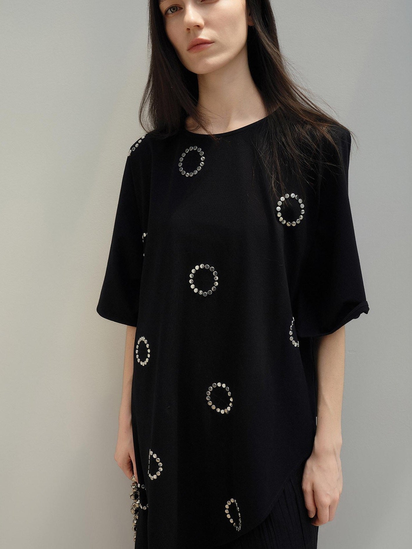 Rhinestone Asymmetric Loose Commuter Cotton Black Women Short Sleeve T-Shirts