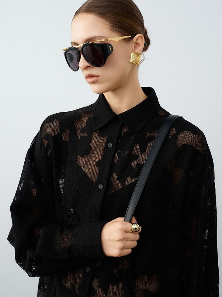 audreyyang Lightweight Shape Retention Lace Polo Loose Fit Women Cotton Top & Pants Sets