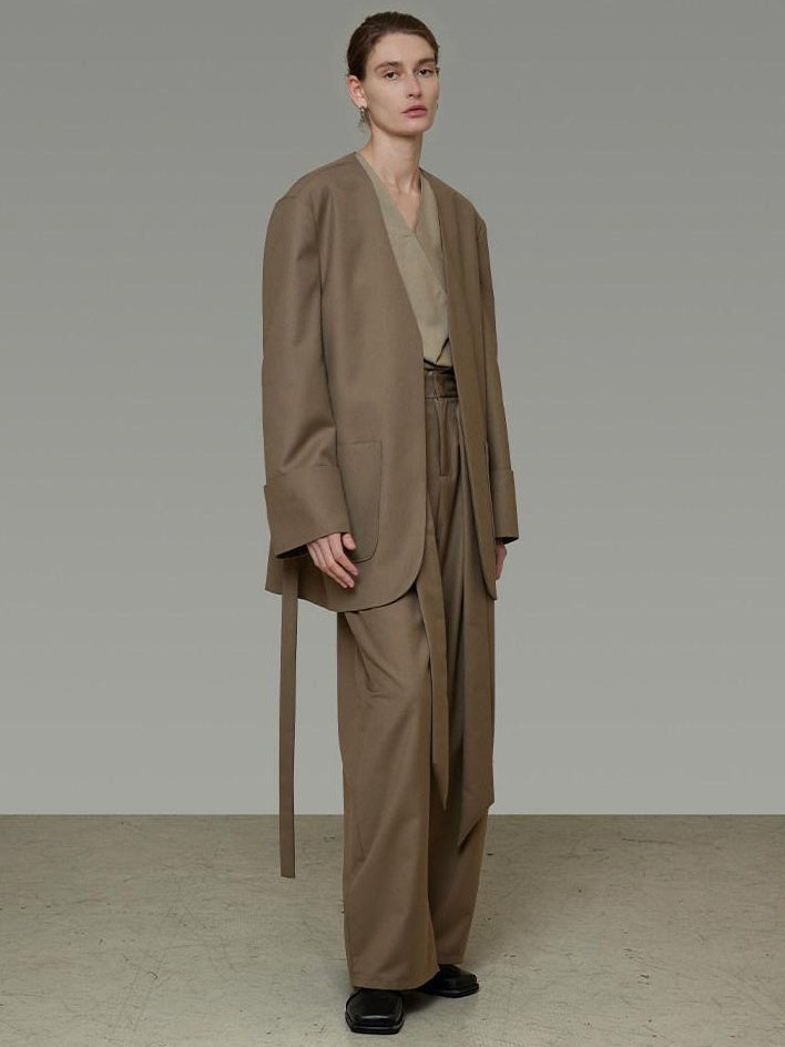 unspoken Minimal Slim Tailored Blazer High Waist Long Pants Women Brown Top & Pants Sets