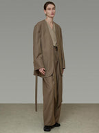 unspoken Minimal Slim Tailored Blazer High Waist Long Pants Women Brown Top & Pants Sets