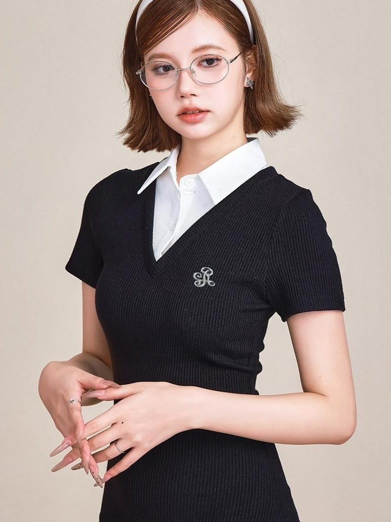 ikyou 100 Percent Cotton Waist Cinch Patchwork Collared Short Sleeve Midi Dresses