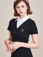 ikyou 100 Percent Cotton Waist Cinch Patchwork Collared Short Sleeve Midi Dresses