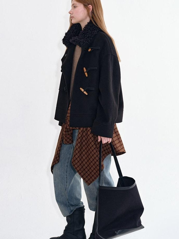 fano Soft Wool Blend Korean Oversized Lapel Collar Women Office Black Solid Short Coat