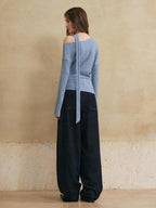 someonesometimes Viscose Blend Casual Slim Asymmetric Neck Knit Long Sleeve Sky Blue Sweaters
