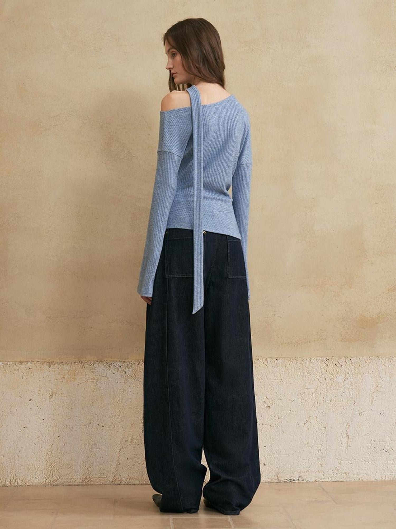 someonesometimes Viscose Blend Casual Slim Asymmetric Neck Knit Long Sleeve Sky Blue Sweaters