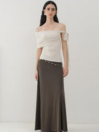 someonesometimes Slim Fit Knit Off Shoulder Casual Solid Apricot Gray Acrylic Stretch Women Top