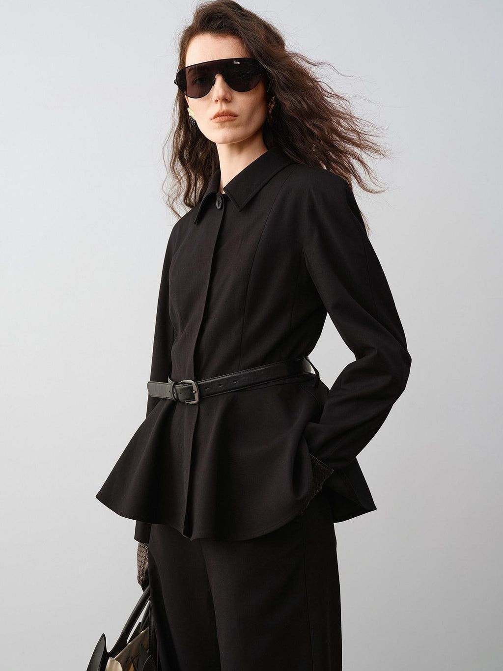 audreyyang Waist Slimming Casual Cropped Lapel Long Sleeve Black Polyester Top & Pants Sets