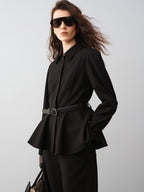 audreyyang Waist Slimming Casual Cropped Lapel Long Sleeve Black Polyester Top & Pants Sets