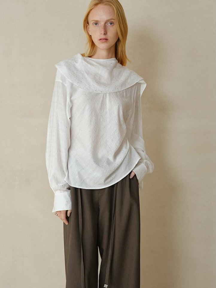 someonesometimes Cooling French Loose Round Neck Sparkle White Nylon Long Sleeve Blouses