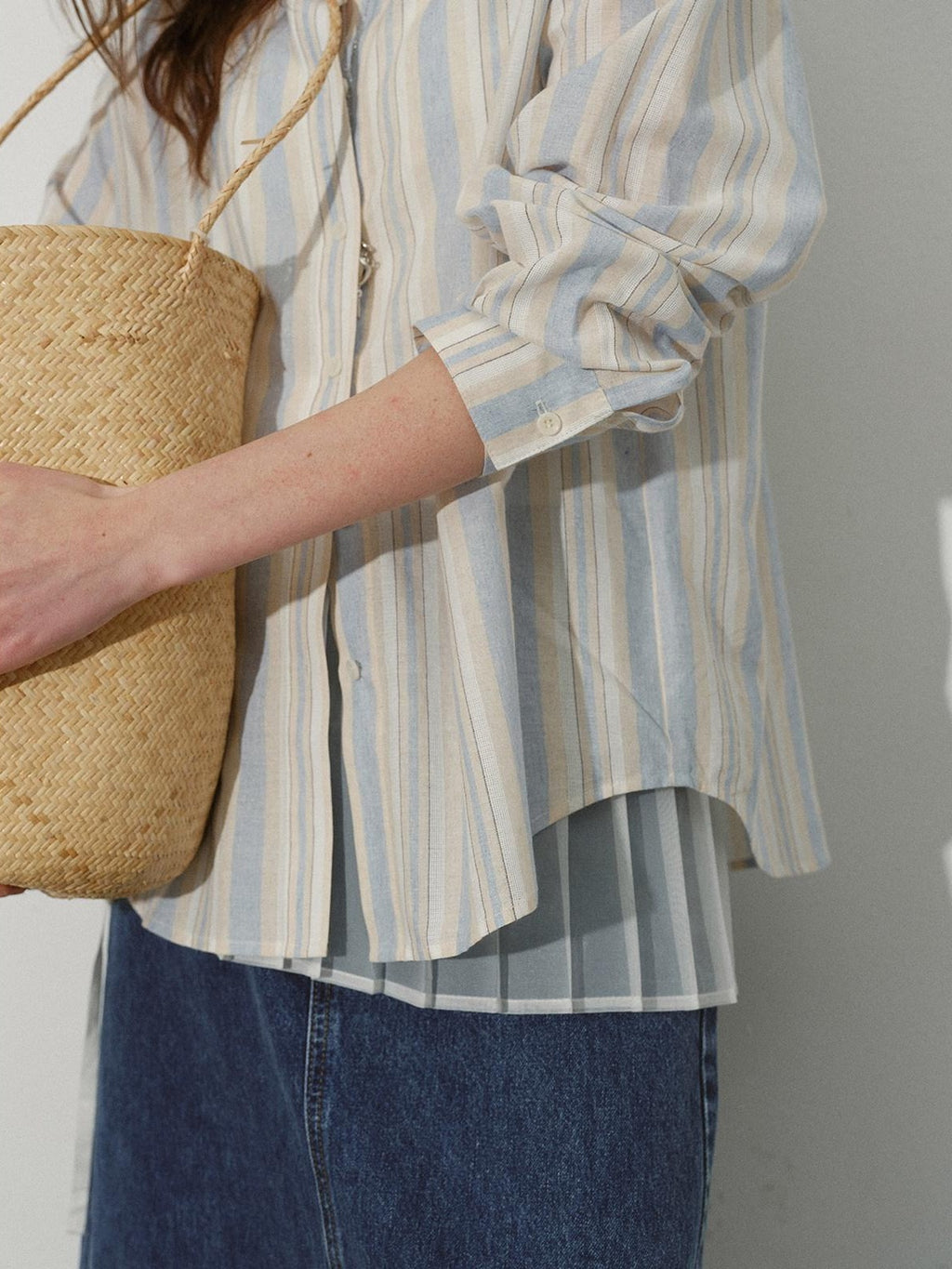 Lofi choose 100 Percent Cotton Loose Colorblock Women Blue Stripe Lapel Long Sleeve Shirts