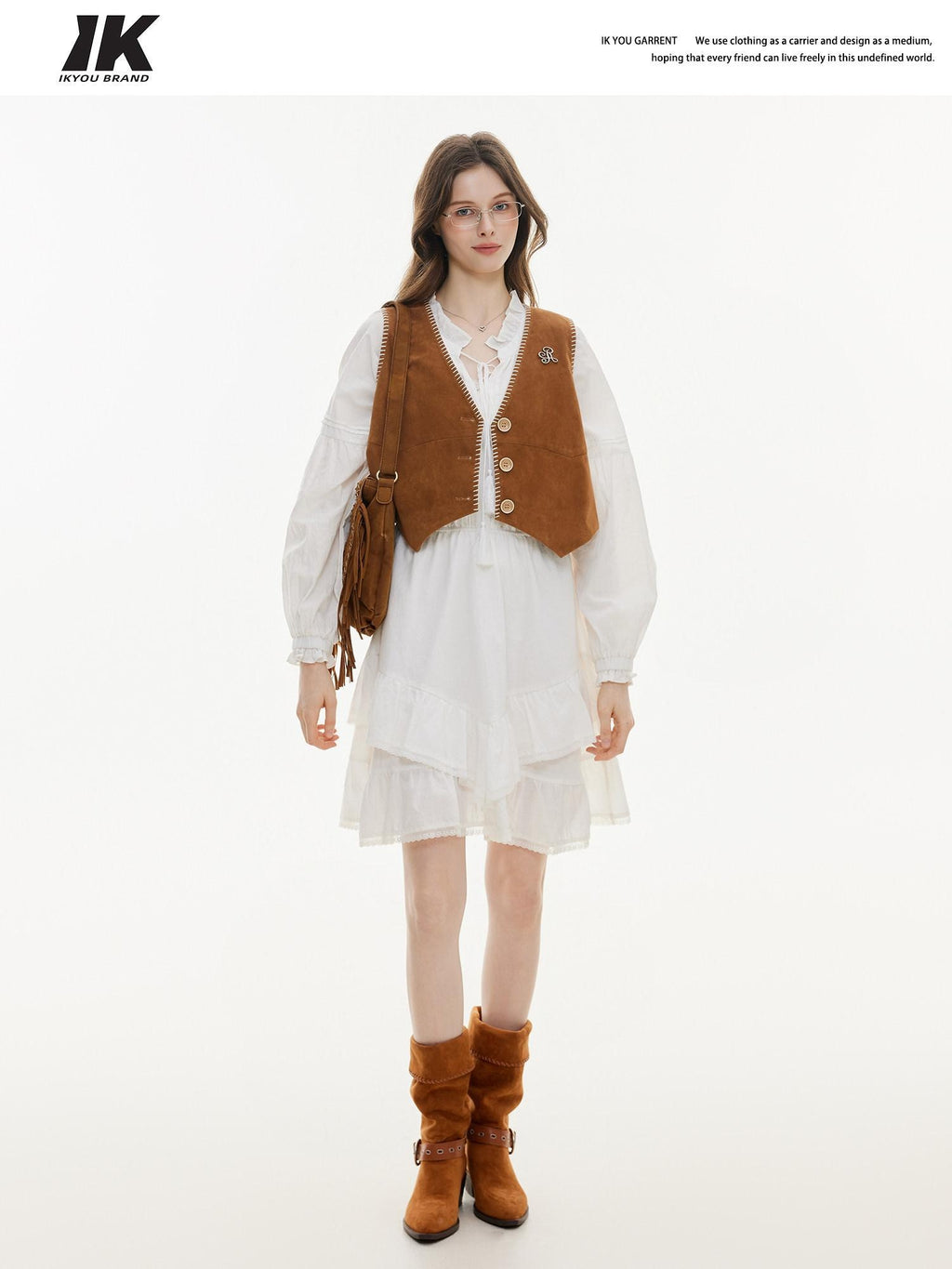 ikyou Versatile Cropped V-neck Distressed 3D Short Button Women Brown Vests