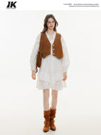 ikyou Versatile Cropped V-neck Distressed 3D Short Button Women Brown Vests