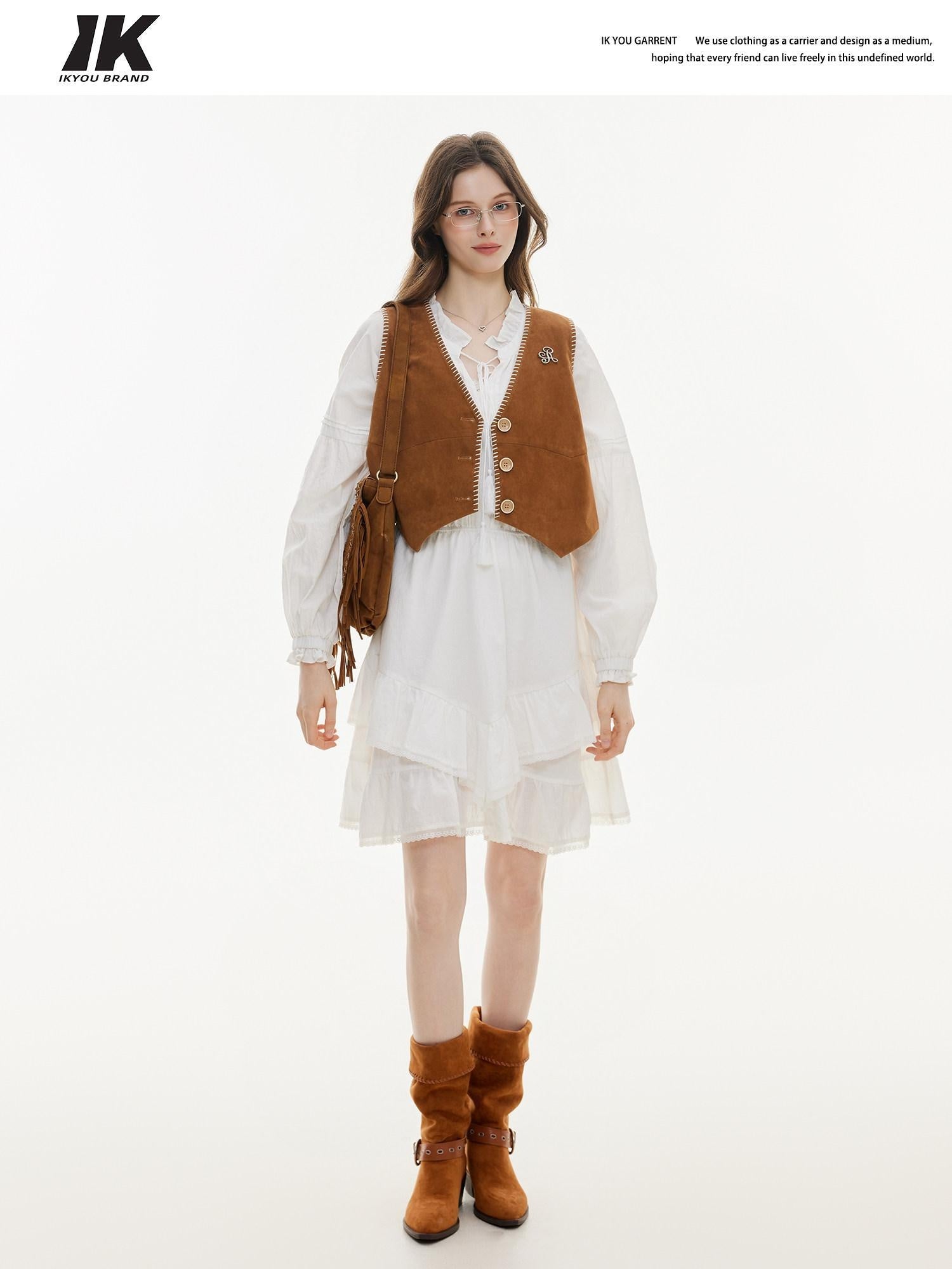 ikyou Versatile Cropped V-neck Distressed 3D Short Button Women Brown Vests