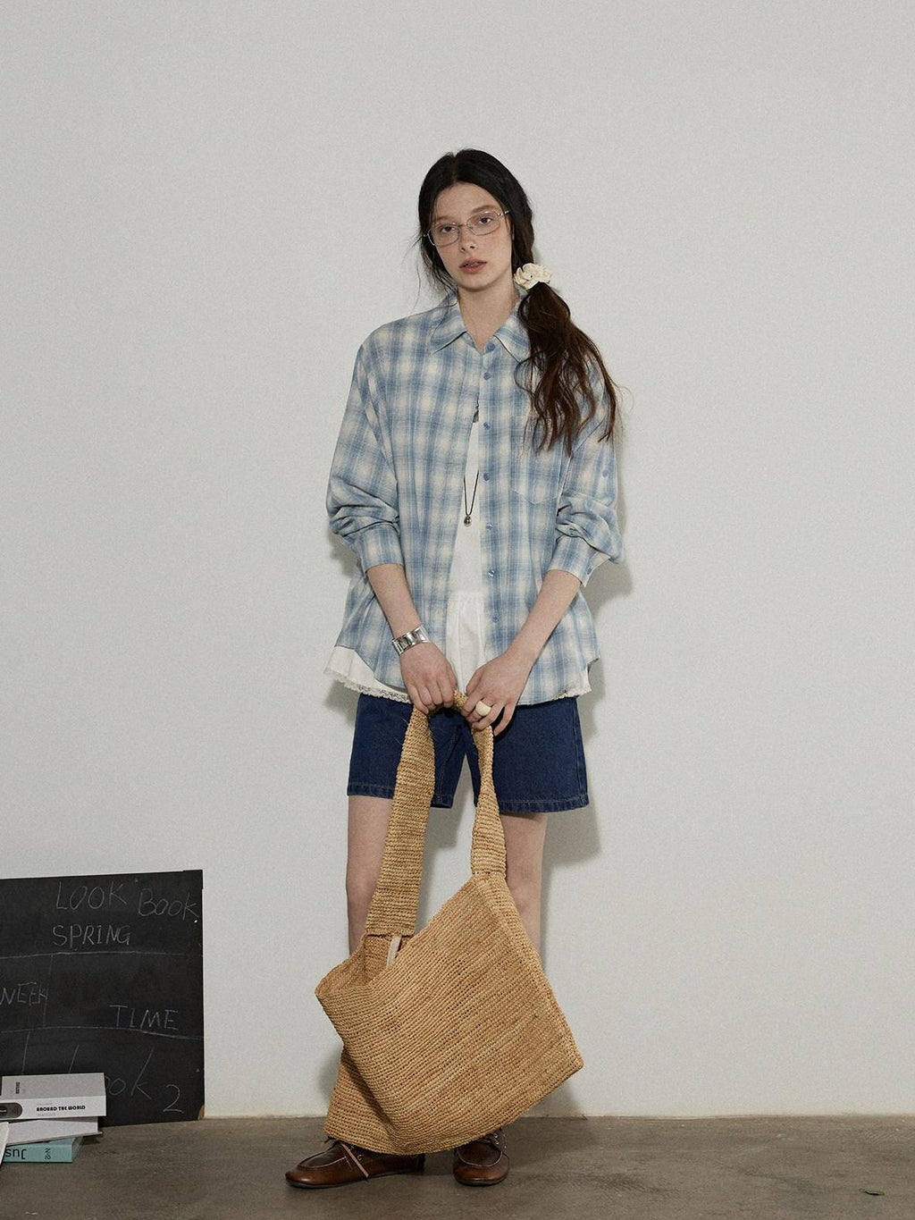 Lofi choose Pure Cotton Colorblock Plaid Embroidered Loose Commuter Office Women Shirts