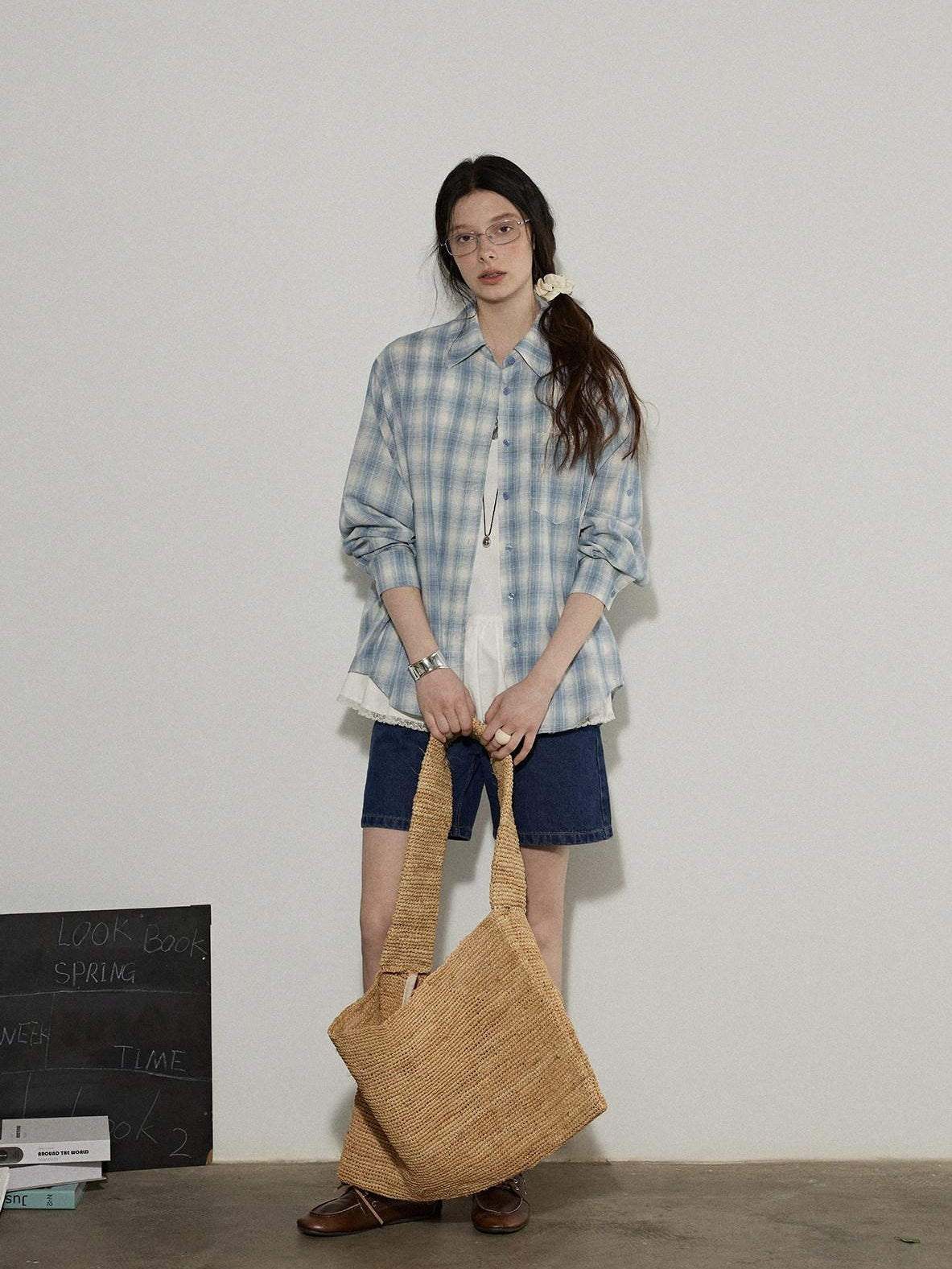 Lofi choose Pure Cotton Colorblock Plaid Embroidered Loose Commuter Office Women Shirts