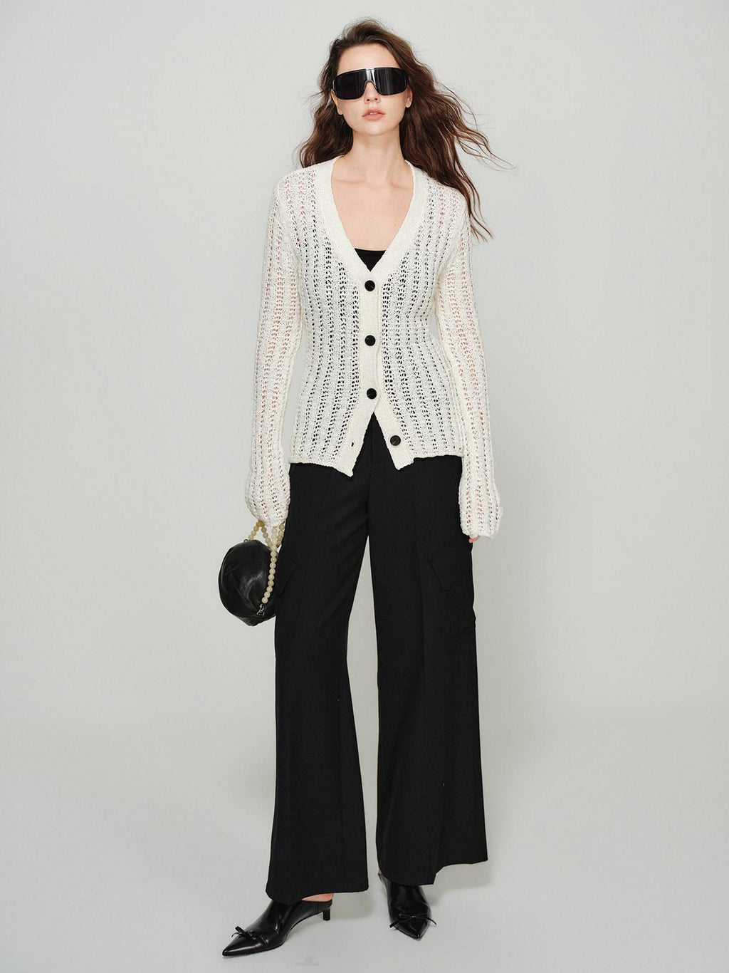 audreyyang Lightweight Openwork Slim V-neck Button Knitted Cotton Women Cardigans