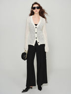 audreyyang Lightweight Openwork Slim V-neck Button Knitted Cotton Women Cardigans