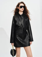 audreyyang Sheepskin Leather Cinched Waist French Tie Neck A Line Work Date Midi Dresses