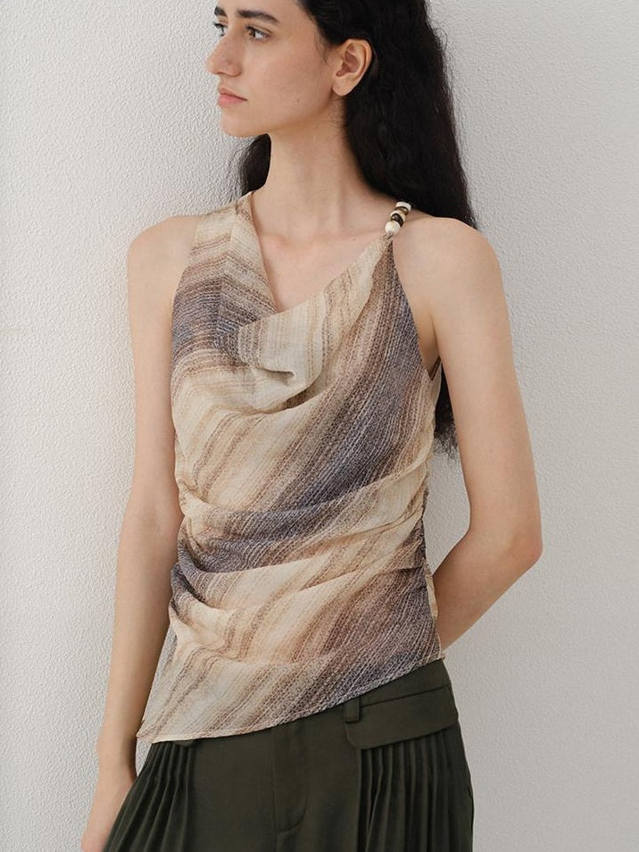 someonesometimes Original Asymmetric Patchwork Striped Slim Curve Khaki Brown For Women Vest