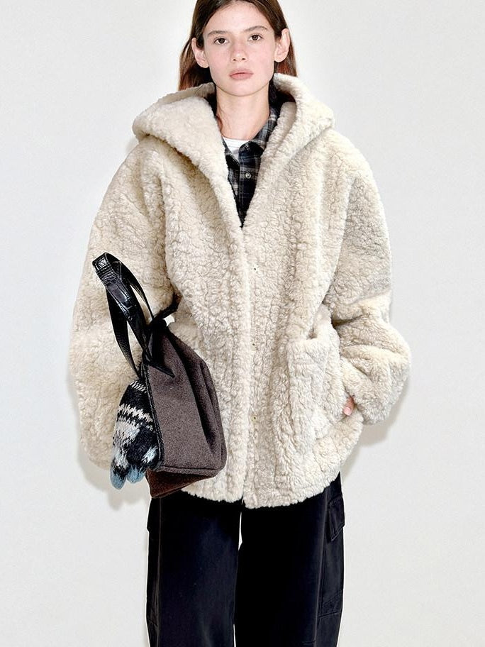 fano Warm Hooded Zip Closure Oversized Casual Boxy Fit Young Women Beige Short Coat