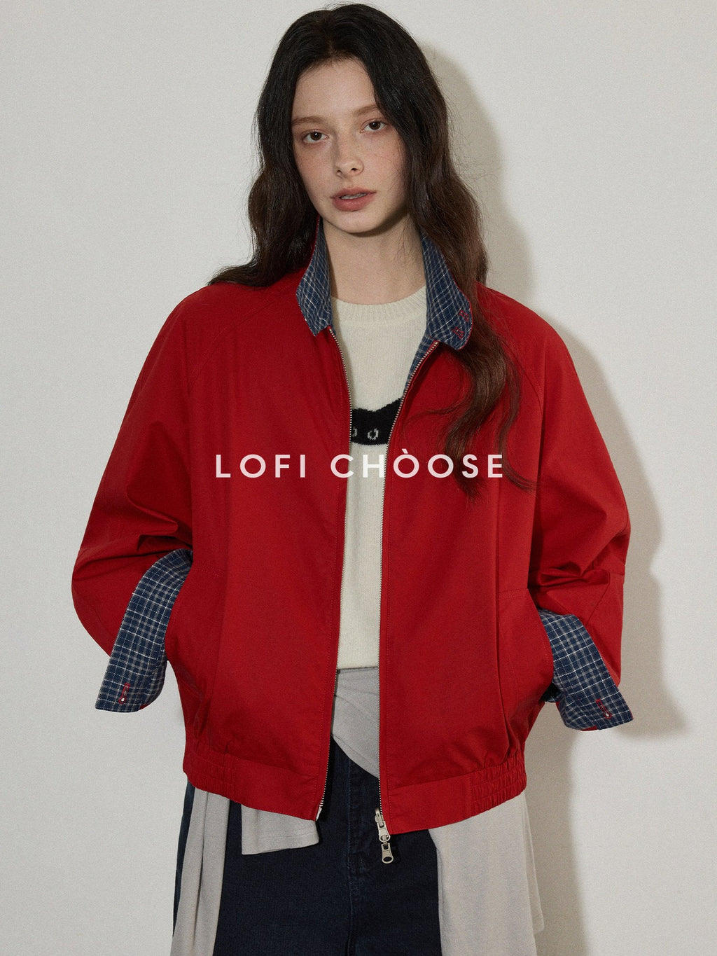 Lofi choose Pure Cotton Office Loose Raglan Zipper Plaid Women Khaki Cropped Jackets