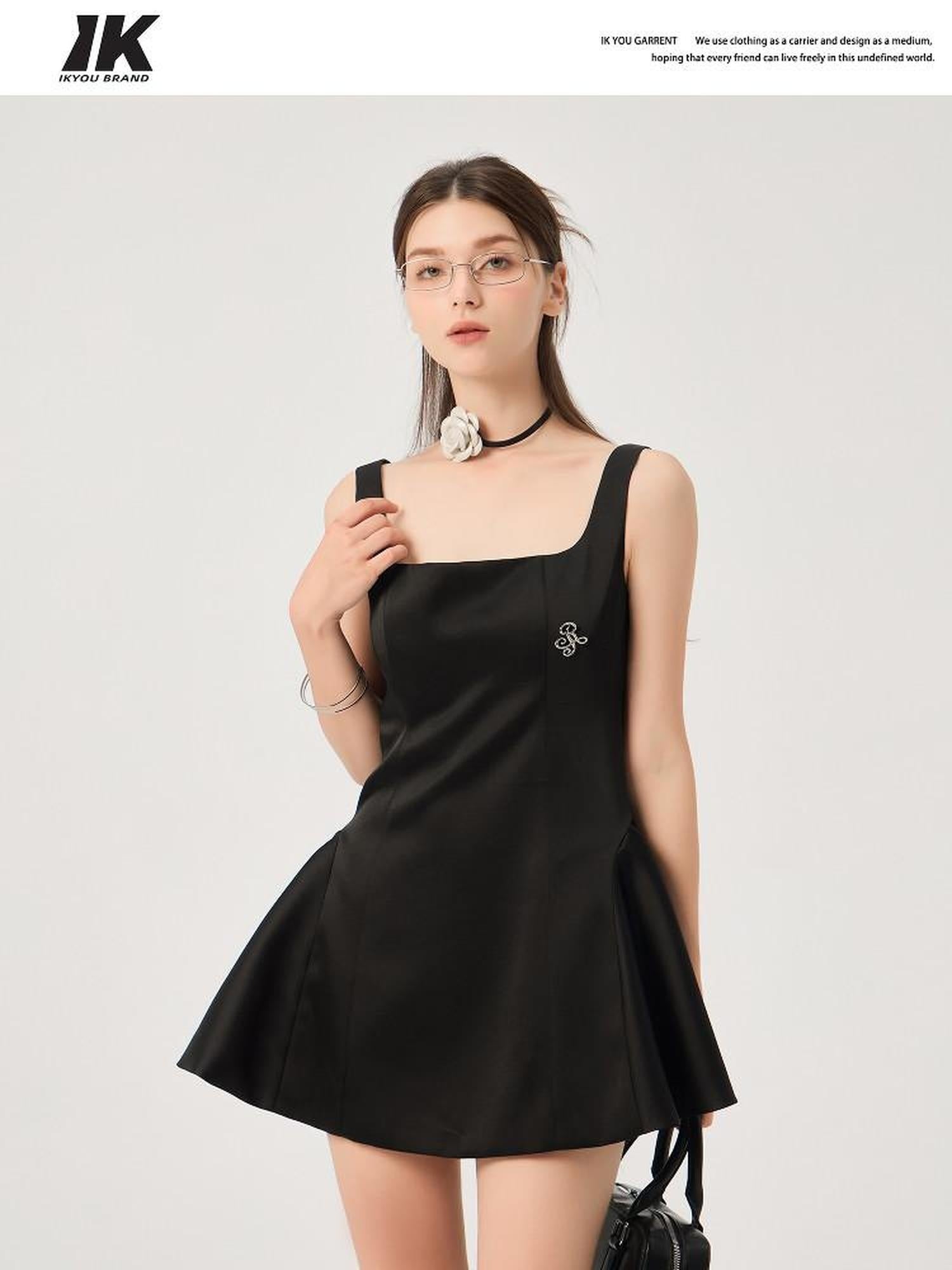 ikyou Waist Cinch Casual A Line Square Neck Sleeveless Black Midi Dresses