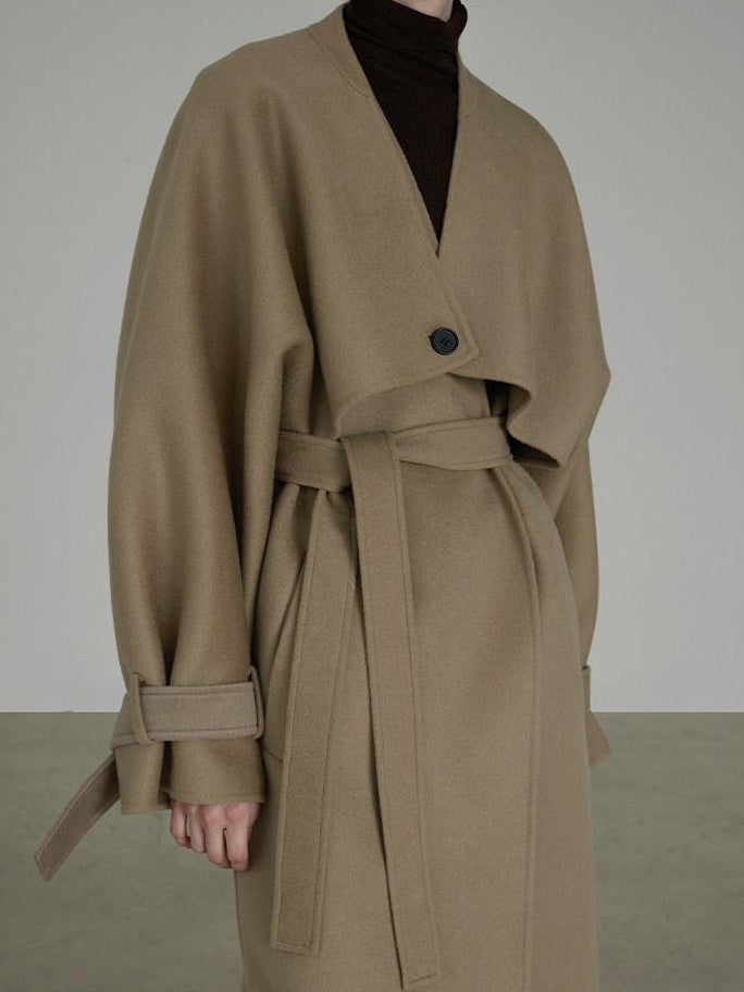 unspoken Pure Sheep Wool Long V-neck Straight Cut With Pockets Commuter Wool Coats
