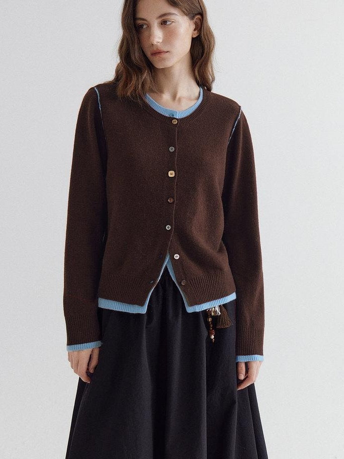 fano Pure Wool Commuter Regular Fit Roundneck Colorblock Women Brown Knit Cardigans