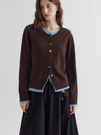 fano Pure Wool Commuter Regular Fit Roundneck Colorblock Women Brown Knit Cardigans
