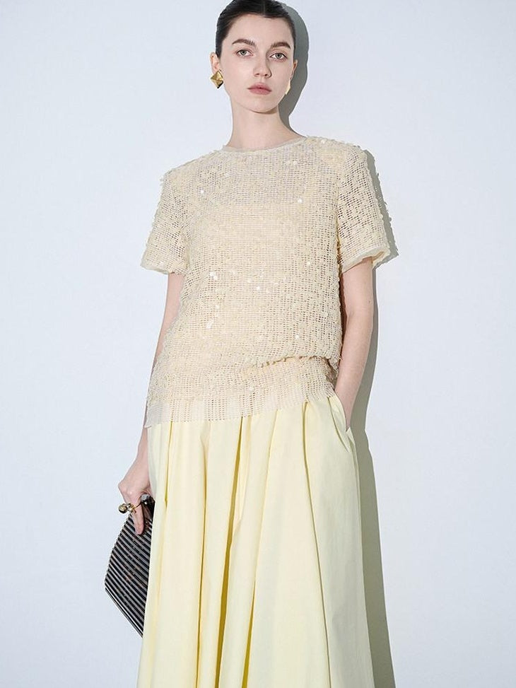 audreyyang 100% Cotton Lined Pleated H Line Mid Waist Bright Yellow Midi Skirts
