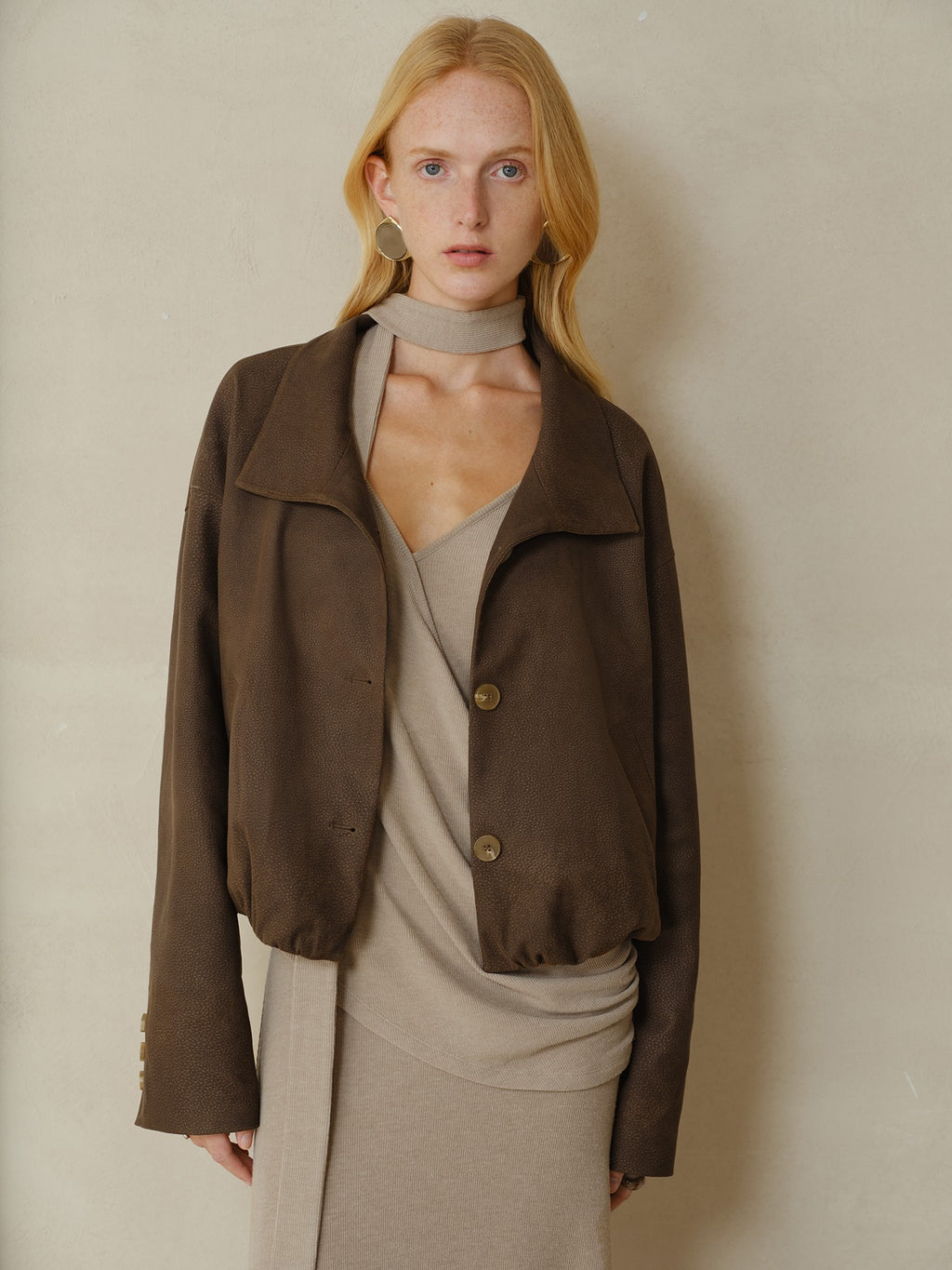 someonesometimes Stretch Polyester Vintage Loose Short Zip Women Coffee Brown Cropped Jackets