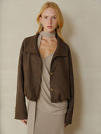 someonesometimes Stretch Polyester Vintage Loose Short Zip Women Coffee Brown Cropped Jackets
