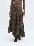 someonesometimes High Waist Vintage Irregular Hem Loose Fit Olive Check Casual Women Maxi Skirts