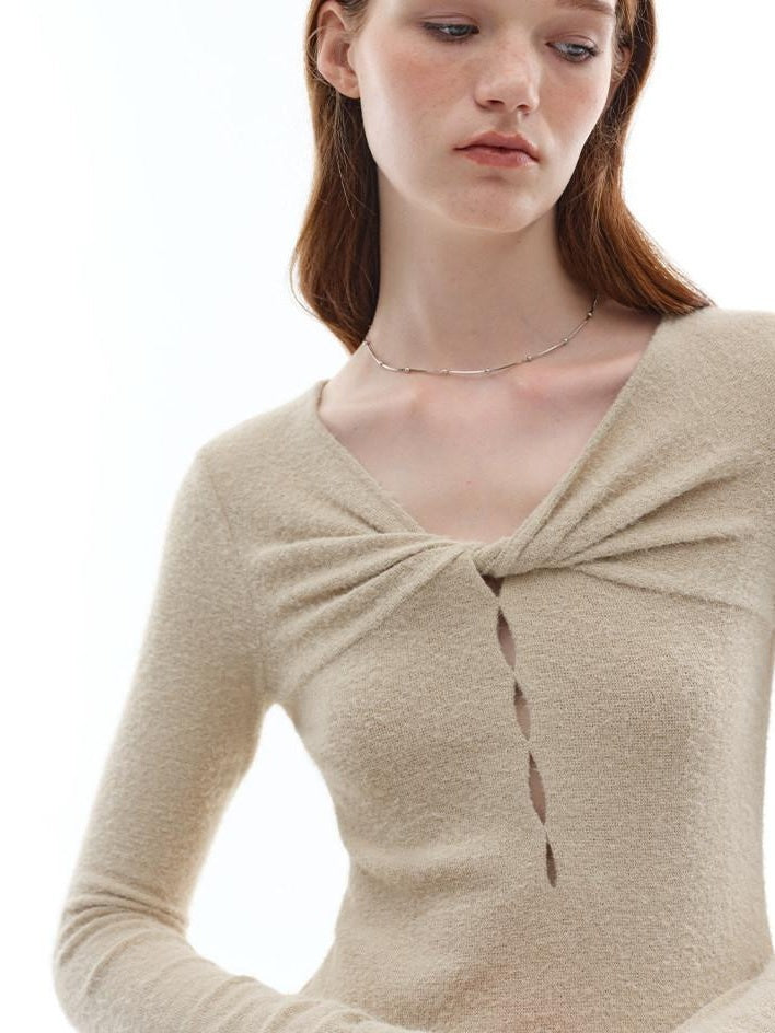 someonesometimes Soft Stretch V-neck Cutout Slim Fit Knit For Women Apricot Long Sleeve T-Shirts
