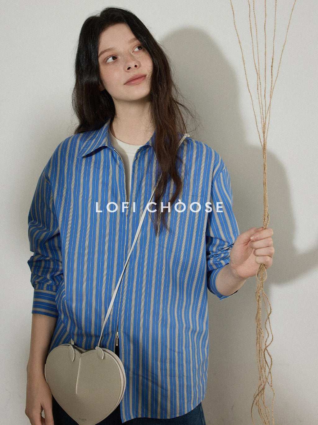 Lofi choose Cotton Blend Colorblock Loose Fit Striped Lapel Zip Women Work Shirts