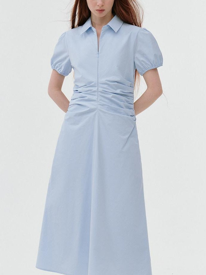 fano 100% Cotton Puff Sleeve A Line Natural Waist Solid Blue Zipper Maxi Dresses
