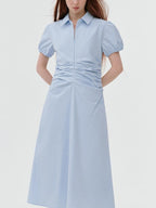 fano 100% Cotton Puff Sleeve A Line Natural Waist Solid Blue Zipper Maxi Dresses